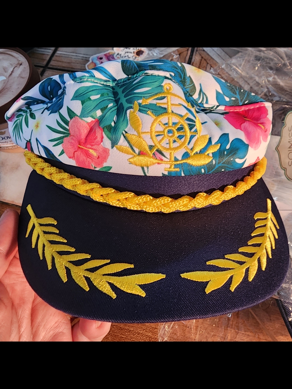 Tropical Nautical Captain's Hat - Navy & Floral with Gold Embroidery NEW Cruise